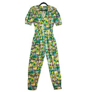 VTG Carol Anderson Jumpsuit Sz 9/10 80s Floral Tropical Jungle Beachy Island USA